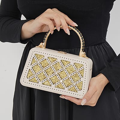 White Sparkling Crystals Faux Leather Crossbody Bag with Shoulder Chain