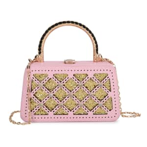 Pink Sparkling Crystals Faux Leather Crossbody Bag with Shoulder Chain