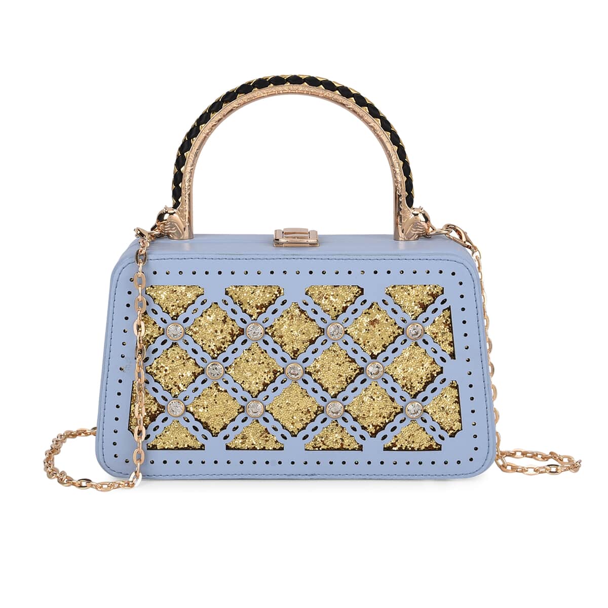 Blue Sparkling Crystals Faux Leather Crossbody Bag with Shoulder Chain image number 0