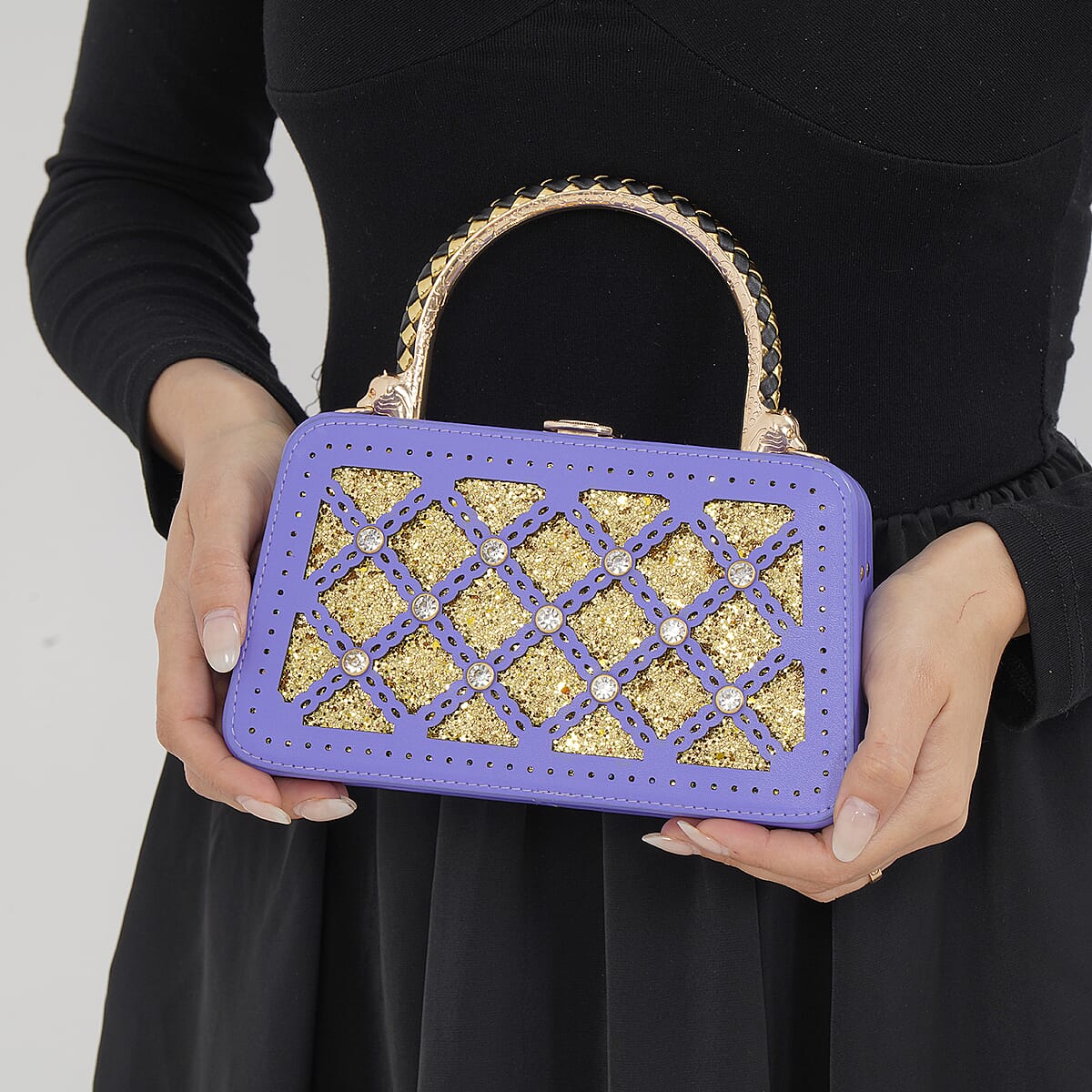 Purple Sparkling Crystals Faux Leather Crossbody Bag with Shoulder Chain image number 2