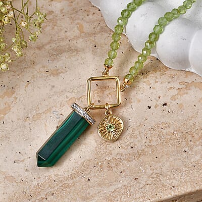 African Malachite and Multi Gemstone 52.65 ctw Necklace in 18K Vermeil Yellow Gold Over Sterling Silver 20 Inches