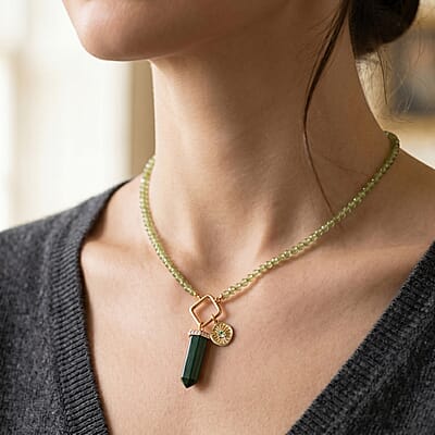 African Malachite and Multi Gemstone 52.65 ctw Necklace in 18K Vermeil Yellow Gold Over Sterling Silver 20 Inches