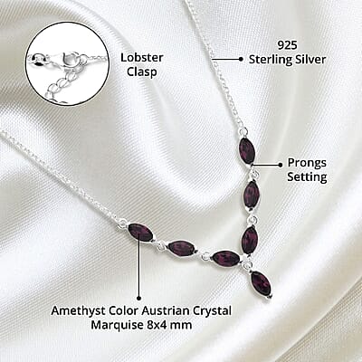 Designer Premium Foilback Amethyst Color Austrian Crystal Necklace 18 Inches in Sterling Silver