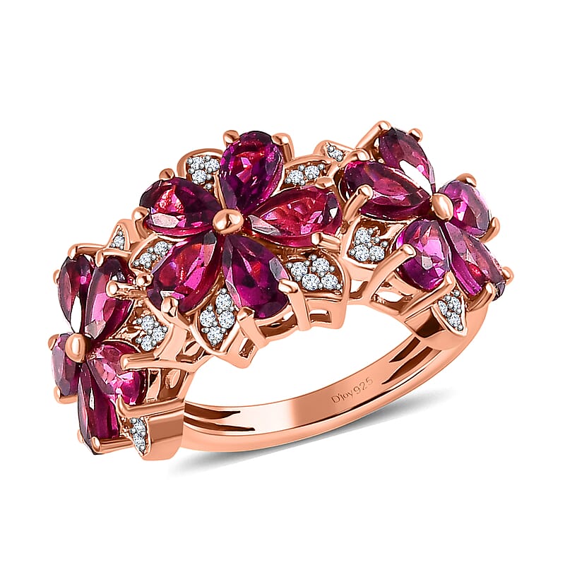 Orissa Rhodolite Garnet and White Zircon Floral Ring in Vermeil Rose Gold Over Sterling Silver (Size 10.0) 4.65 ctw