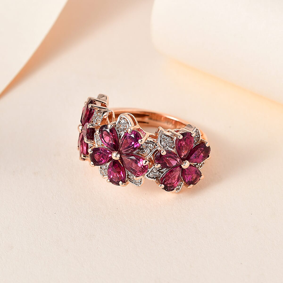 Orissa Rhodolite Garnet and White Zircon Floral Ring in Vermeil Rose Gold Over Sterling Silver (Size 8.0) 4.65 ctw image number 1