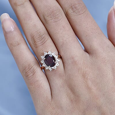 Premium Orissa Rhodolite Garnet and Diamond Halo Ring in Vermeil Rose Gold Over Sterling Silver (Size 10.0) 3.40 ctw