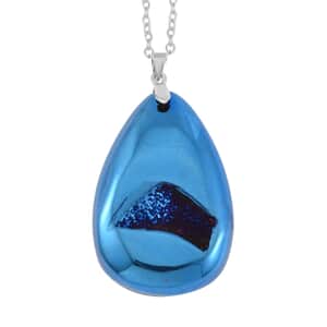 Coated Blue Drusy Quartz Pendant Necklace 20 Inches in Stainless Steel 125.00 ctw