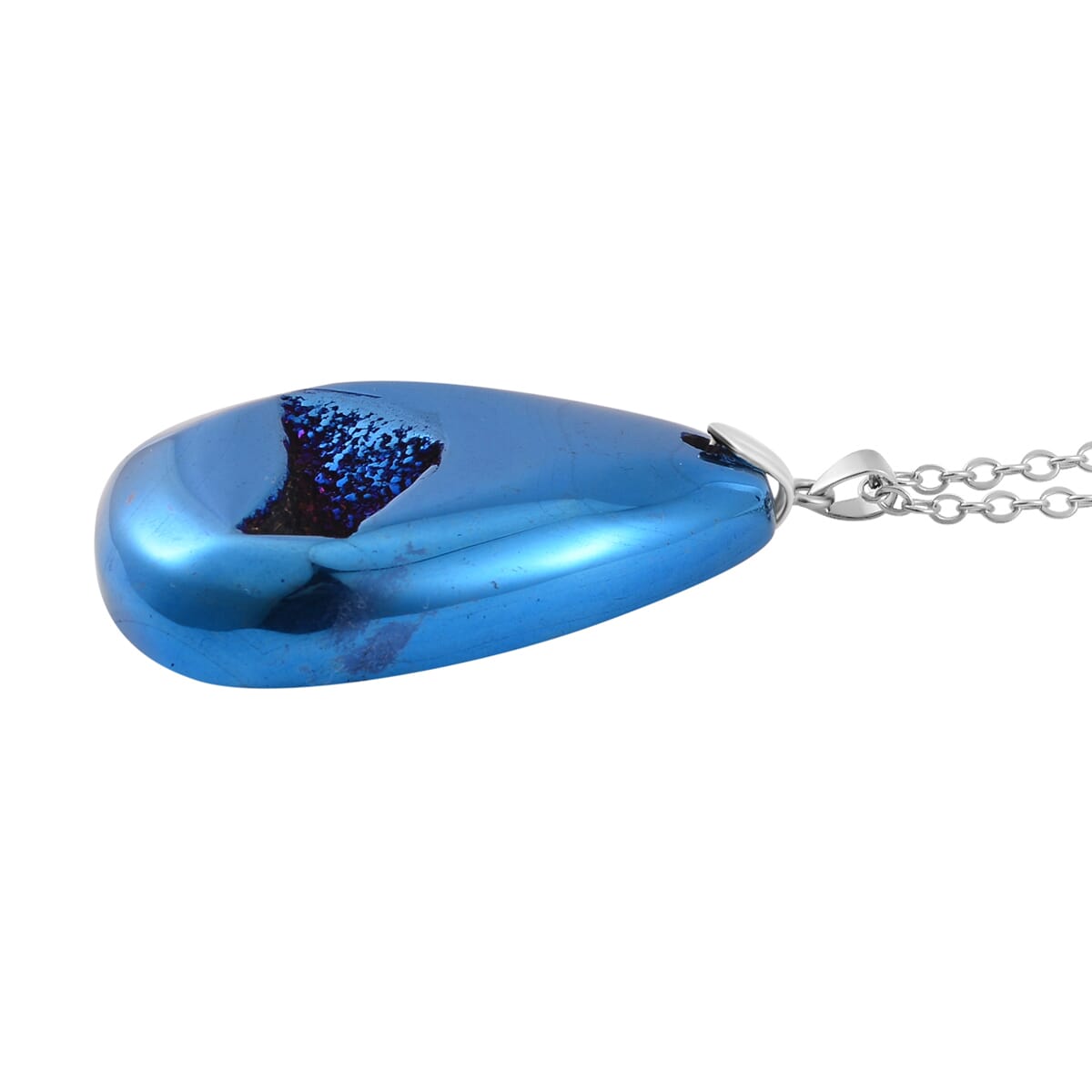 Coated Blue Drusy Quartz Pendant Necklace 20 Inches in Stainless Steel 125.00 ctw image number 3