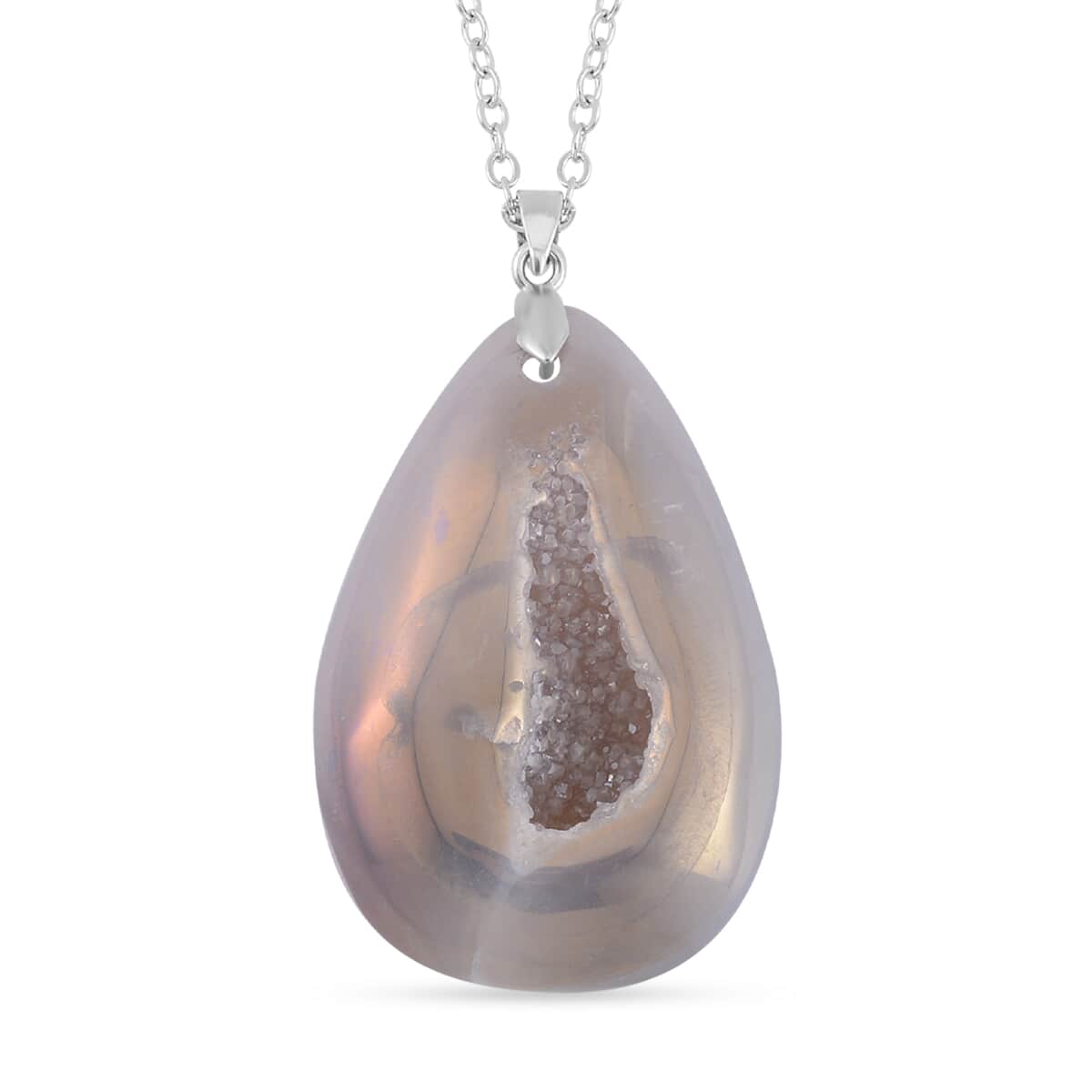 White Plated Drusy Quartz Pendant Necklace 20 Inches in Stainless Steel 125.00 ctw image number 0