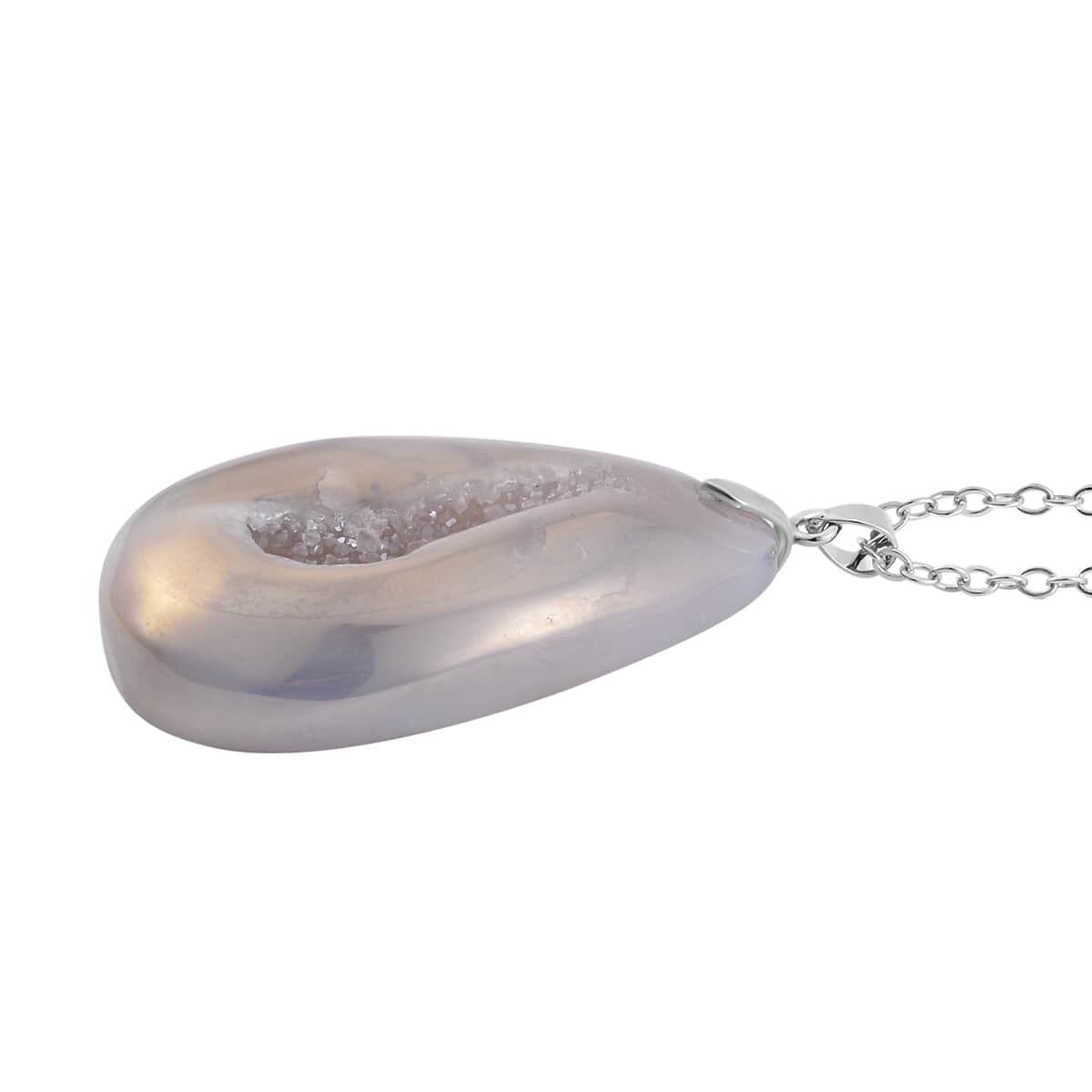 White Plated Drusy Quartz Pendant Necklace 20 Inches in Stainless Steel 125.00 ctw image number 3