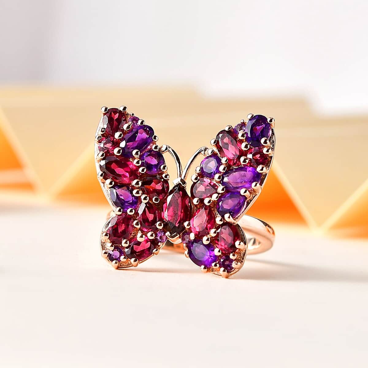 Premium Orissa Rhodolite Garnet and Lusaka Amethyst Butterfly Ring in Vermeil Rose Gold Over Sterling Silver (Size 10.0) 4.25 ctw (Del. in 10-12 Days) image number 1