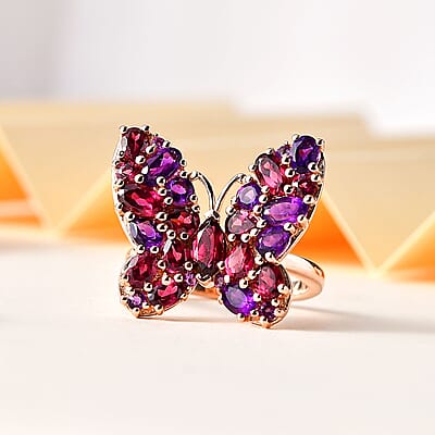 Orissa Rhodolite Garnet and Lusaka Amethyst Butterfly Ring in Vermeil Rose Gold Over Sterling Silver (Size 10.0) 4.25 ctw