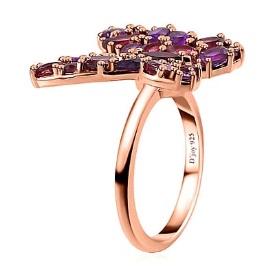 Orissa Rhodolite Garnet and Lusaka Amethyst Butterfly Ring in Vermeil Rose Gold Over Sterling Silver (Size 10.0) 4.25 ctw