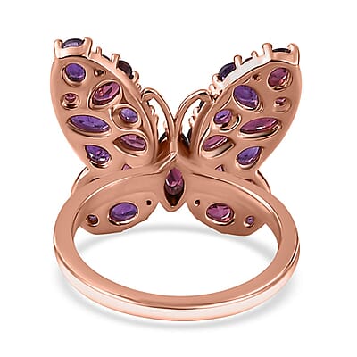 Orissa Rhodolite Garnet and Lusaka Amethyst Butterfly Ring in Vermeil Rose Gold Over Sterling Silver (Size 10.0) 4.25 ctw