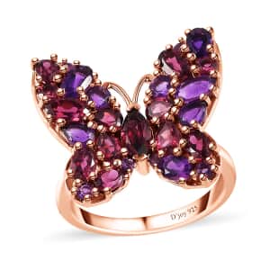 Orissa Rhodolite Garnet and Lusaka Amethyst Butterfly Ring in Vermeil Rose Gold Over Sterling Silver (Size 5.0) 4.25 ctw
