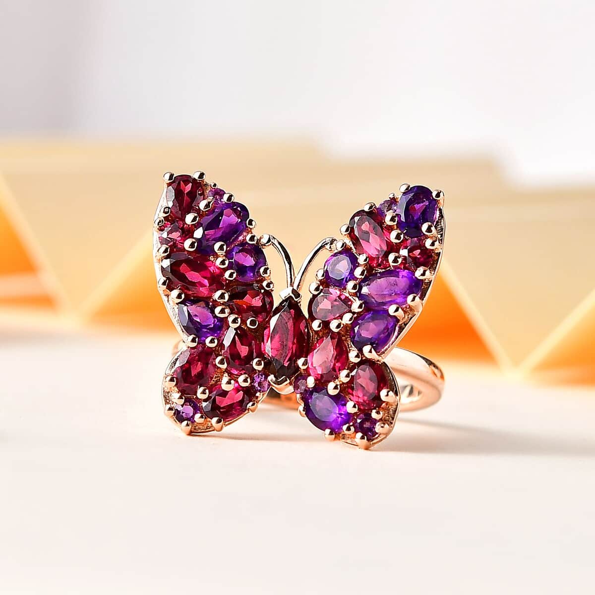 Orissa Rhodolite Garnet and Lusaka Amethyst Butterfly Ring in Vermeil Rose Gold Over Sterling Silver (Size 5.0) 4.25 ctw image number 1