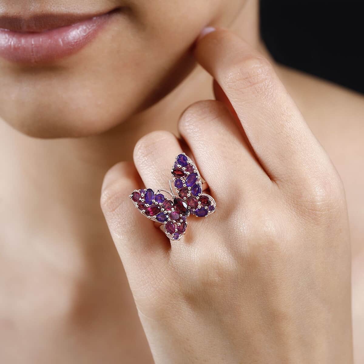 Orissa Rhodolite Garnet and Lusaka Amethyst Butterfly Ring in Vermeil Rose Gold Over Sterling Silver (Size 5.0) 4.25 ctw image number 2
