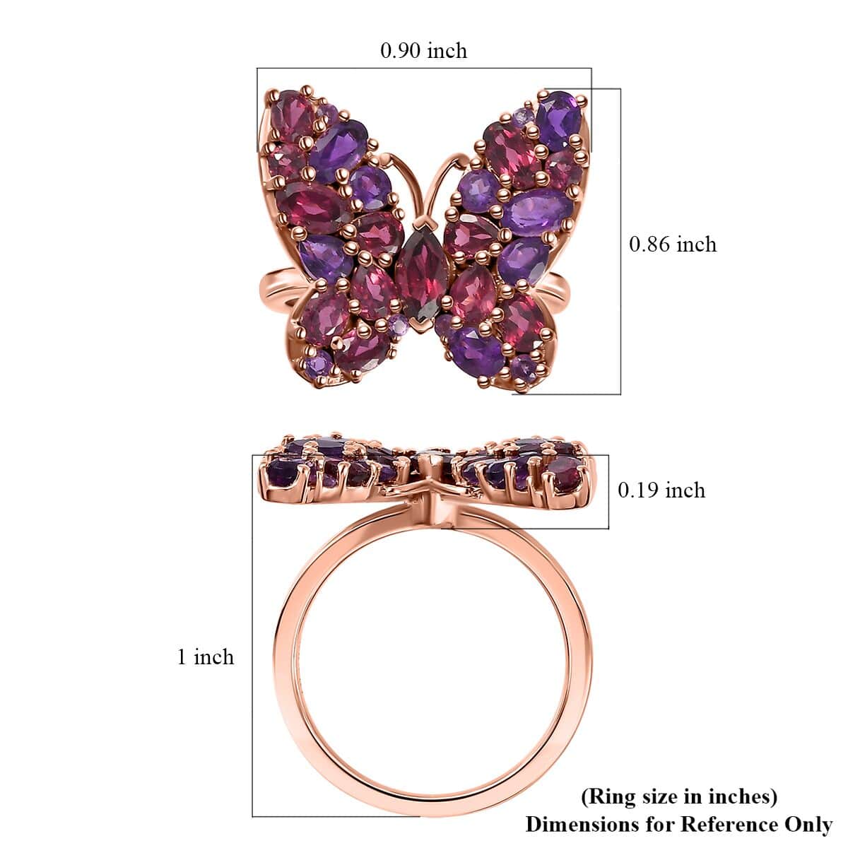 Orissa Rhodolite Garnet and Lusaka Amethyst Butterfly Ring in Vermeil Rose Gold Over Sterling Silver (Size 5.0) 4.25 ctw image number 5