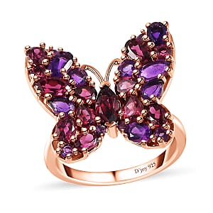 Orissa Rhodolite Garnet and Lusaka Amethyst Butterfly Ring in Vermeil Rose Gold Over Sterling Silver (Size 6.0) 4.25 ctw