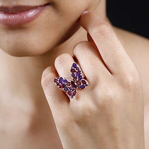 Orissa Rhodolite Garnet and Lusaka Amethyst Butterfly Ring in Vermeil Rose Gold Over Sterling Silver (Size 6.0) 4.25 ctw