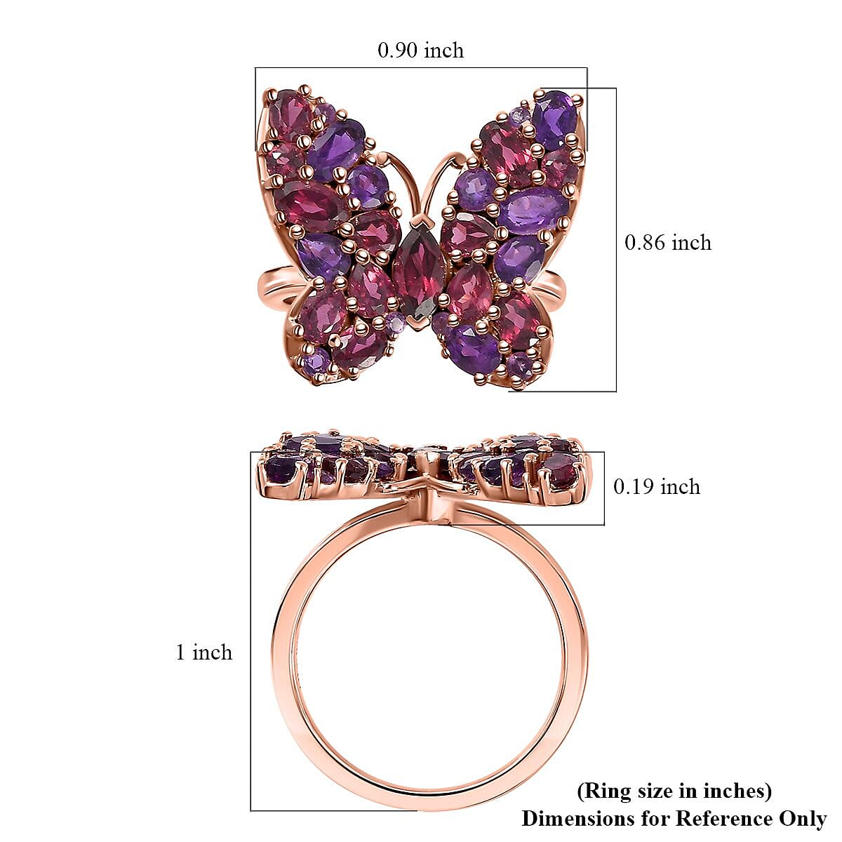 Orissa Rhodolite Garnet and Lusaka Amethyst Butterfly Ring in Vermeil Rose Gold Over Sterling Silver (Size 6.0) 4.25 ctw image number 5