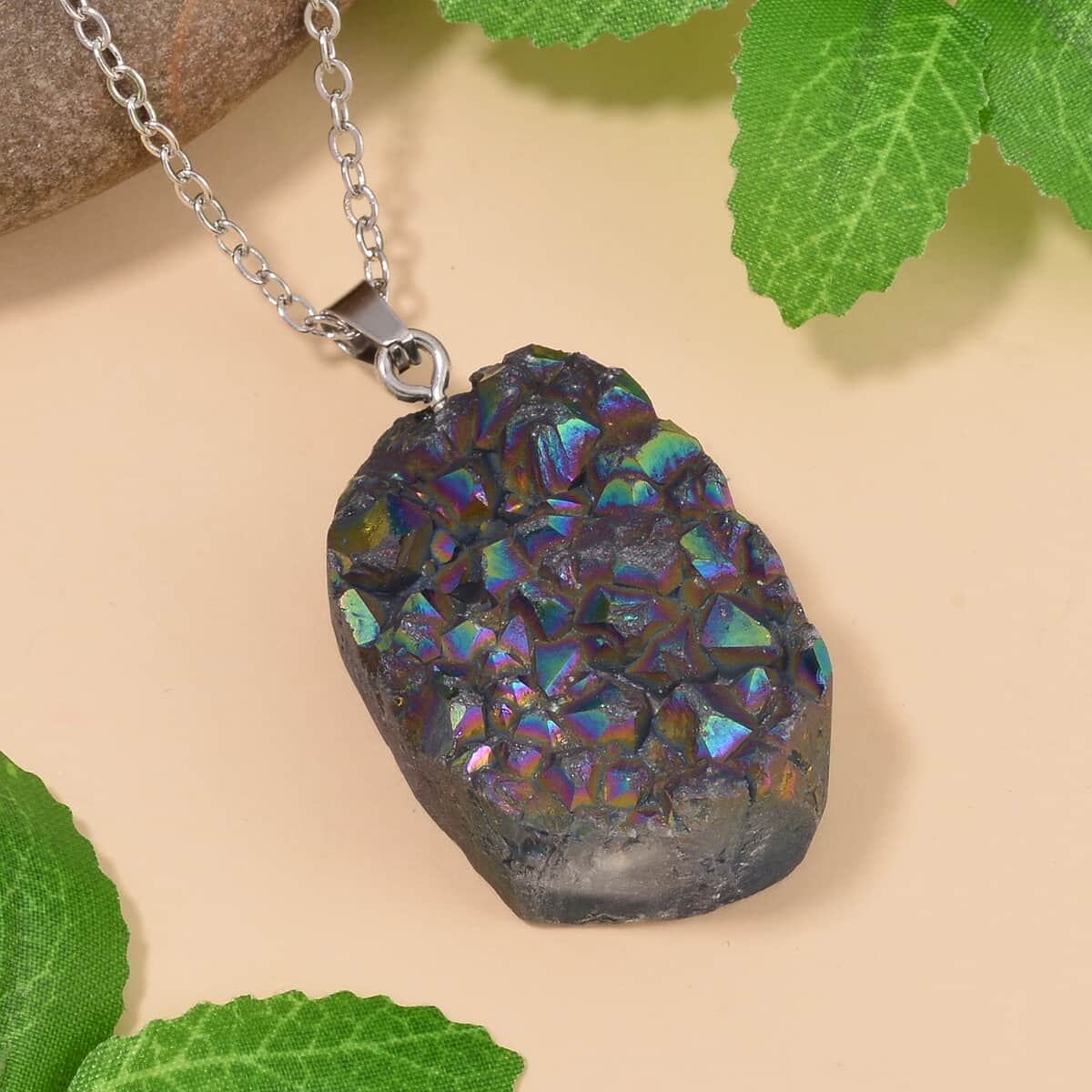 Magic Color Plated Drusy Quartz Pendant Necklace 20 Inches in Stainless Steel 85.00 ctw image number 1