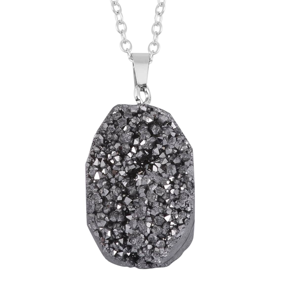 Silver Color Plated Drusy Quartz Pendant Necklace 20 Inches in Stainless Steel 85.00 ctw image number 0