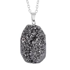 Silver Color Plated Drusy Quartz Pendant Necklace 20 Inches in Stainless Steel 85.00 ctw