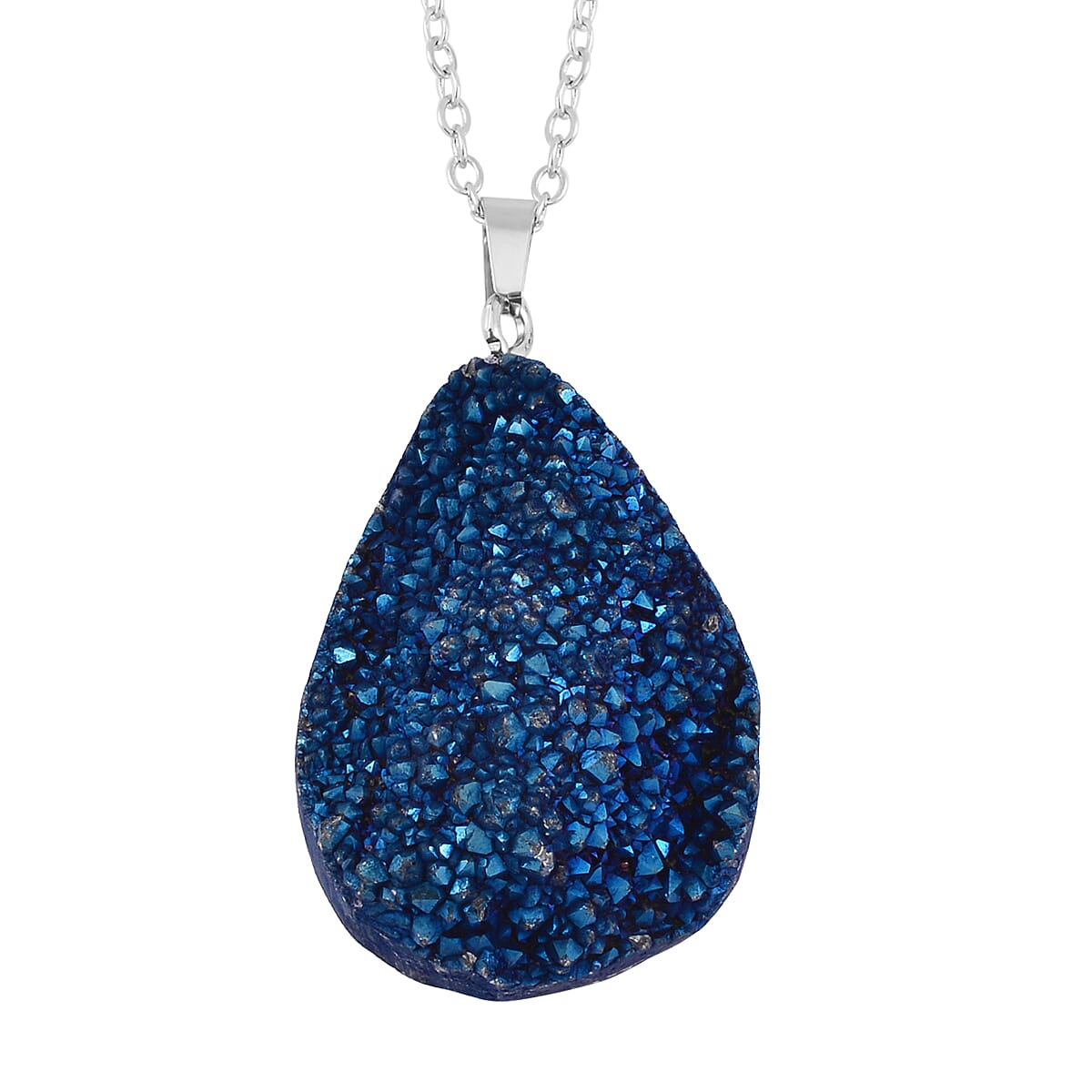 Coated Blue Drusy Quartz Pendant Necklace 20 Inches in Stainless Steel 85.00 ctw