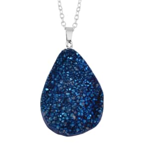 Coated Blue Drusy Quartz Pendant Necklace 20 Inches in Stainless Steel 85.00 ctw