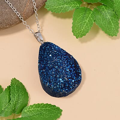 Coated Blue Drusy Quartz Pendant Necklace 20 Inches in Stainless Steel 85.00 ctw