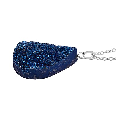 Coated Blue Drusy Quartz Pendant Necklace 20 Inches in Stainless Steel 85.00 ctw