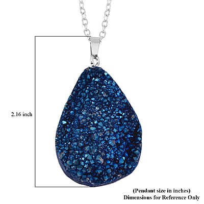 Coated Blue Drusy Quartz Pendant Necklace 20 Inches in Stainless Steel 85.00 ctw