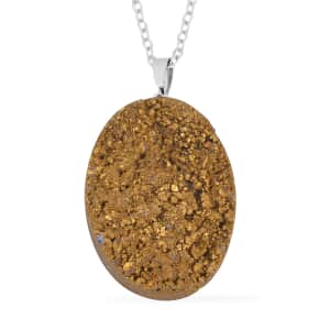 Gold Color Plated Drusy Quartz Pendant Necklace 20 Inches in Stainless Steel 85.00 ctw