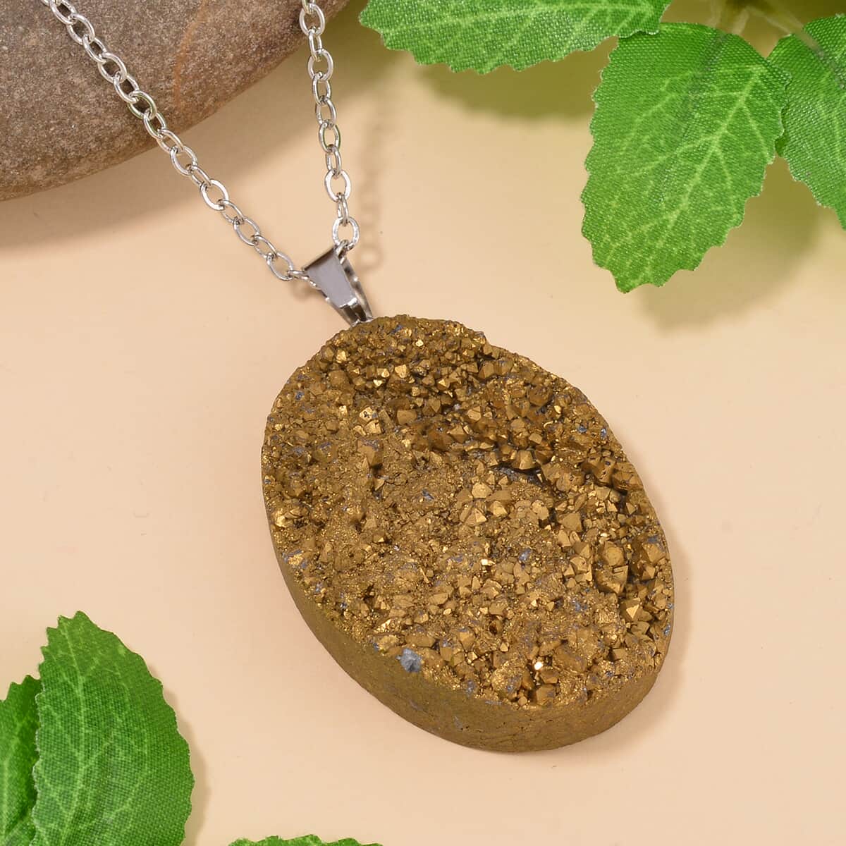 Gold Color Plated Drusy Quartz Pendant Necklace 20 Inches in Stainless Steel 85.00 ctw image number 1