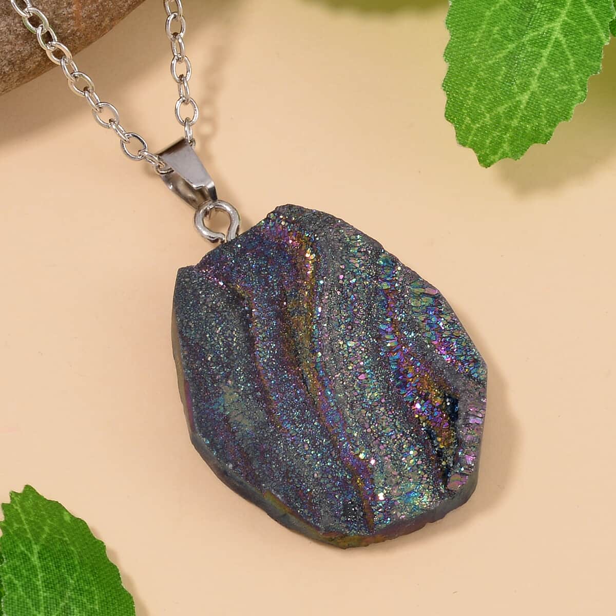 Magic Color Plated Drusy Quartz Pendant Necklace 20 Inches in Stainless Steel 85.00 ctw image number 1