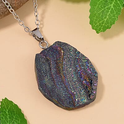 Magic Color Plated Drusy Quartz Pendant Necklace 20 Inches in Stainless Steel 85.00 ctw