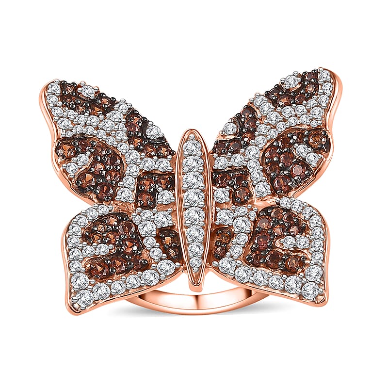 GP Trionfo Collection White and Brown Zircon Butterfly Ring in Vermeil Rose Gold Over Sterling Silver (Size 10.0) 3.50 ctw