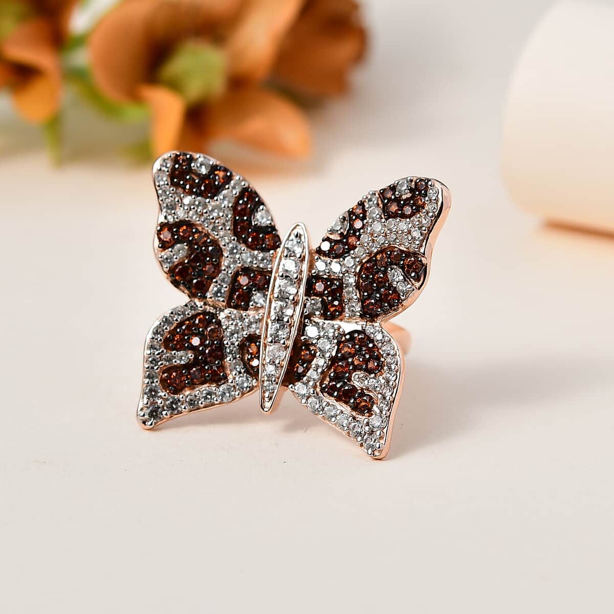 GP White and Brown Zircon Butterfly Ring in Vermeil Rose Gold Over Sterling Silver (Size 10.0) 3.50 ctw image number 1