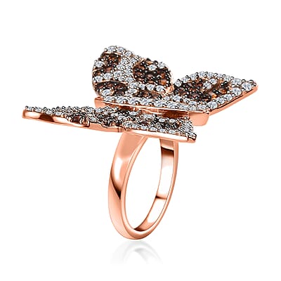 GP Trionfo Collection White and Brown Zircon Butterfly Ring in Vermeil Rose Gold Over Sterling Silver (Size 10.0) 3.50 ctw