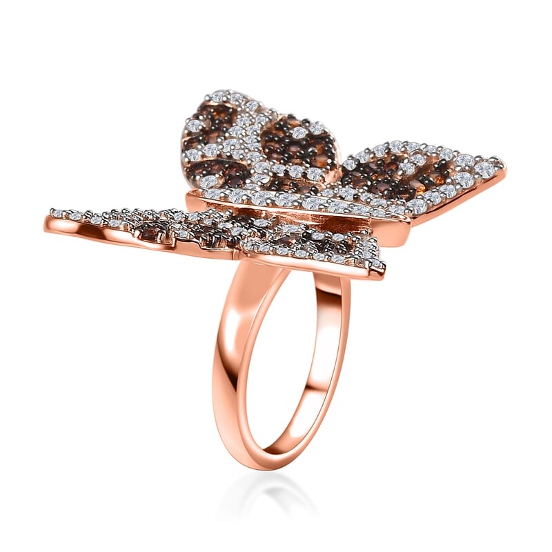 GP Trionfo Collection White and Brown Zircon Butterfly Ring in Vermeil Rose Gold Over Sterling Silver (Size 10.0) 3.50 ctw