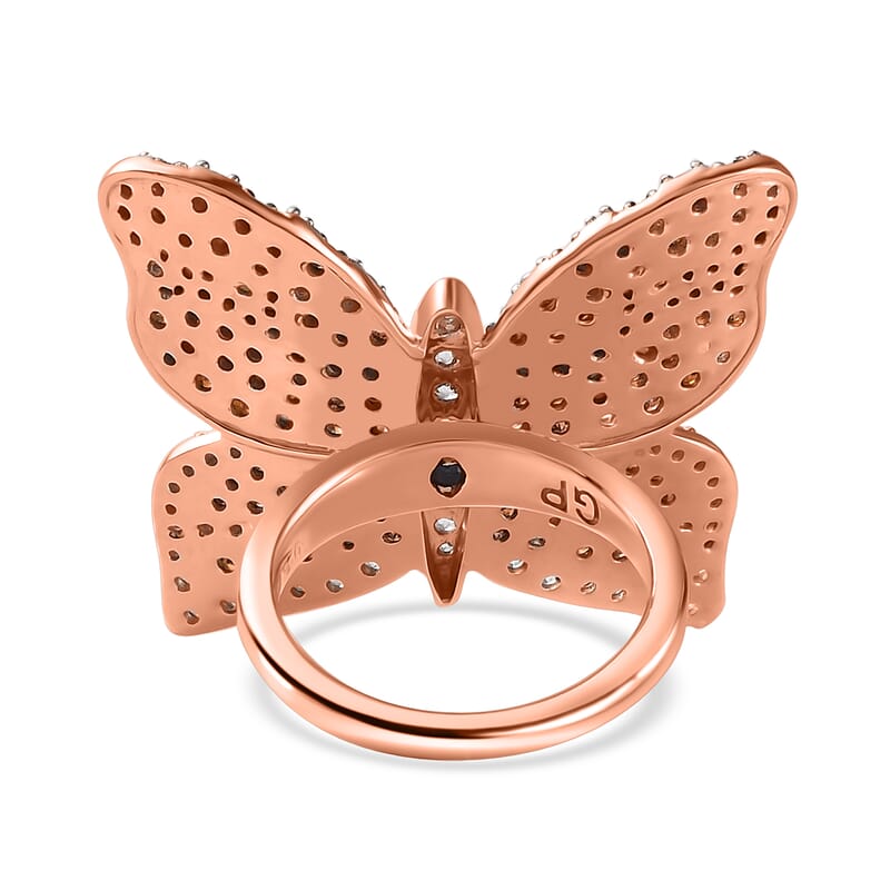 GP Trionfo Collection White and Brown Zircon Butterfly Ring in Vermeil Rose Gold Over Sterling Silver (Size 10.0) 3.50 ctw