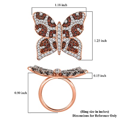 GP Trionfo Collection White and Brown Zircon Butterfly Ring in Vermeil Rose Gold Over Sterling Silver (Size 10.0) 3.50 ctw