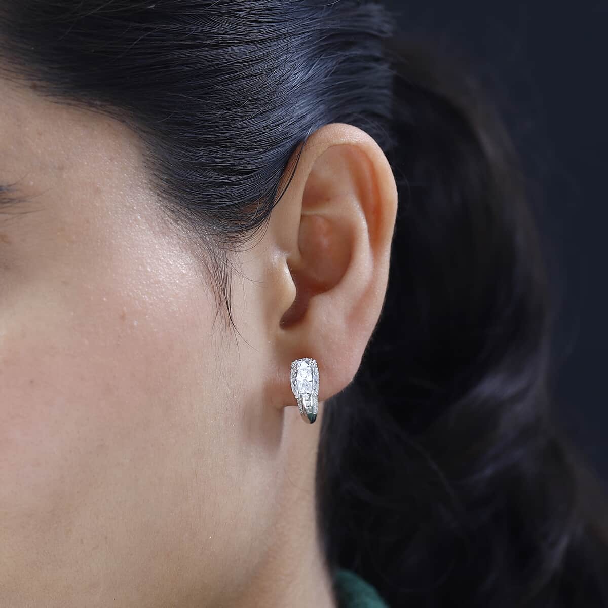 TLV Moissanite (Cush 8x6mm) J-Hoop Earrings in Platinum Over Sterling Silver 3.35 ctw image number 2