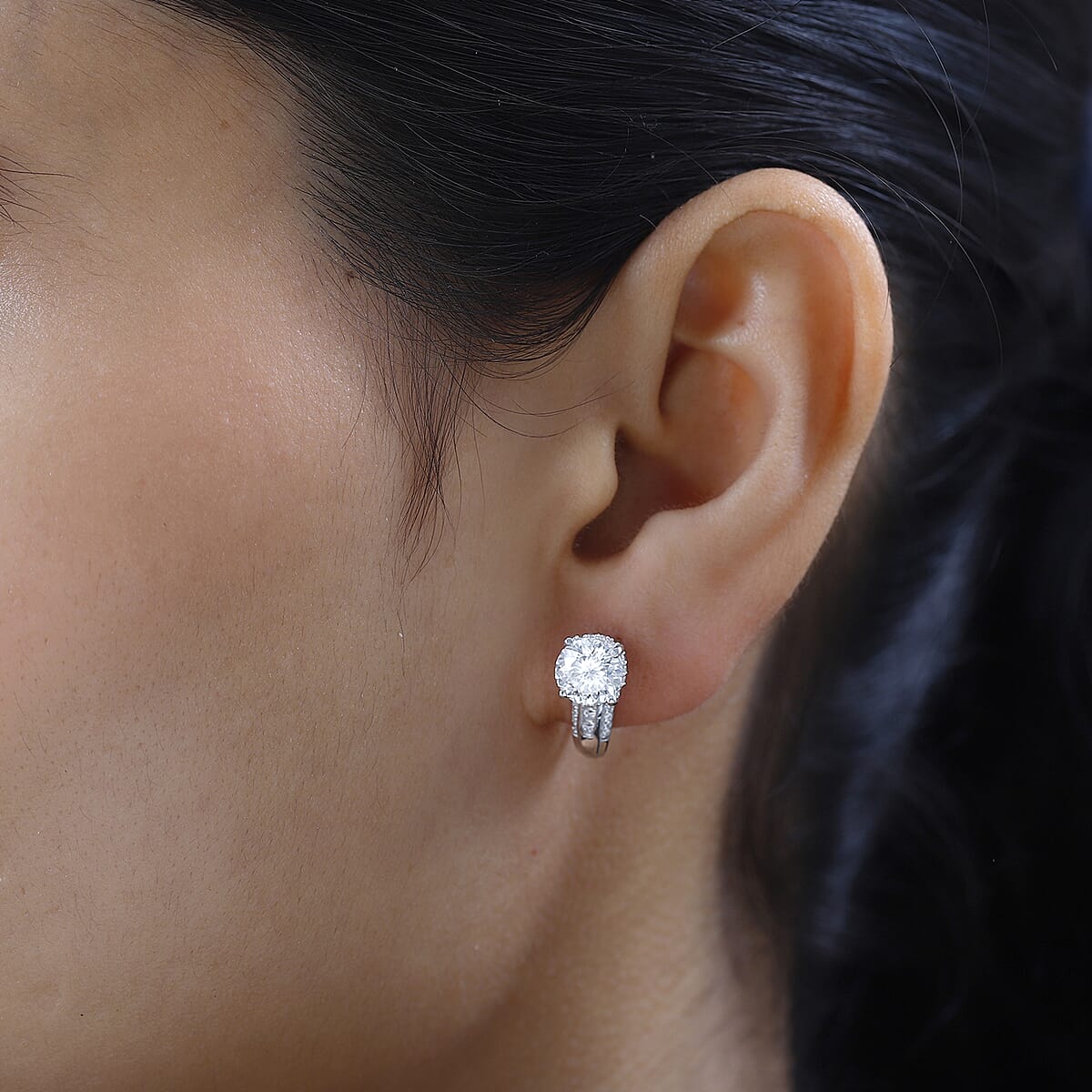 Moissanite J-Hoop Earrings in Platinum Over Sterling Silver 3.00 ctw image number 2
