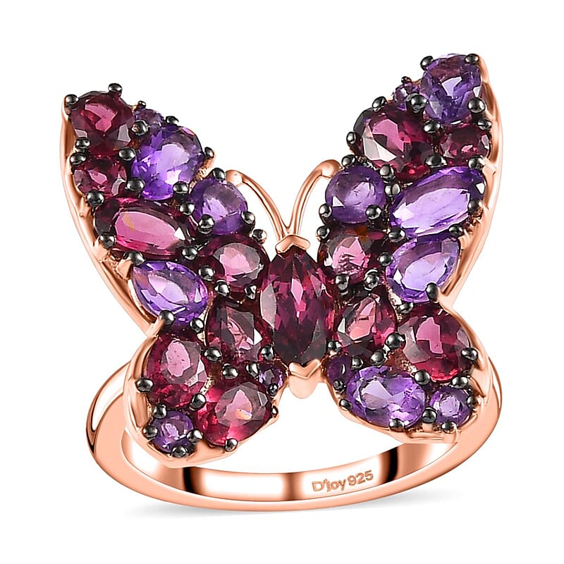 Orissa Rhodolite Garnet and Amethyst Butterfly Ring in Vermeil Rose Gold Over Sterling Silver (Size 10.0) 4.35 ctw