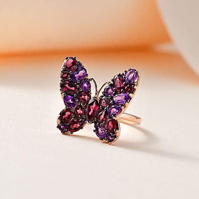 Orissa Rhodolite Garnet and Amethyst Butterfly Ring in Vermeil Rose Gold Over Sterling Silver (Size 10.0) 4.35 ctw
