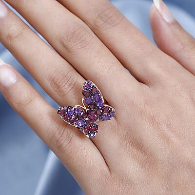 Orissa Rhodolite Garnet and Amethyst Butterfly Ring in Vermeil Rose Gold Over Sterling Silver (Size 10.0) 4.35 ctw