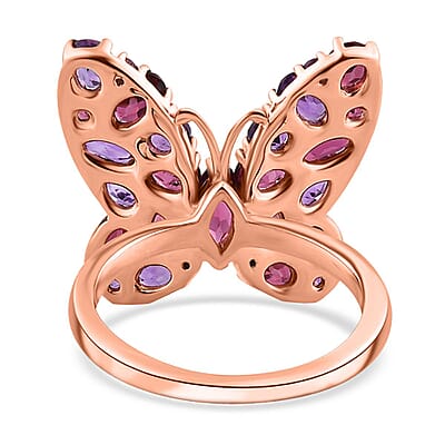 Orissa Rhodolite Garnet and Amethyst Butterfly Ring in Vermeil Rose Gold Over Sterling Silver (Size 10.0) 4.35 ctw