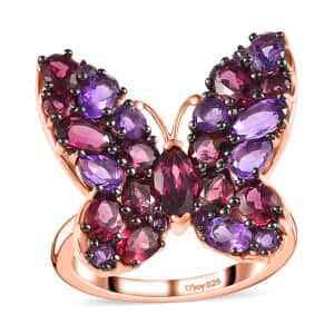 Orissa Rhodolite Garnet and Amethyst Butterfly Ring in Vermeil Rose Gold Over Sterling Silver (Size 5.0) 4.35 ctw